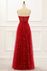 Prom Dresses Long Mermaide, Strapless Red Tulle A Line Corset Prom Dress
