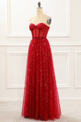 Prom Dresses Long Mermaid, Strapless Red Tulle A Line Corset Prom Dress