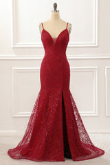 Bridesmaid Dresses Mismatched Spring Wedding Colors, Dark Red Saprkly Mermaid Prom Dress With Slit