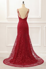 Bridesmaid Dress Long Sleeves, Dark Red Saprkly Mermaid Prom Dress With Slit