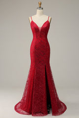 Bridesmaid Dress Mdae To Order, Dark Red Spaghetti Straps Mermaid Prom Dress with Slit