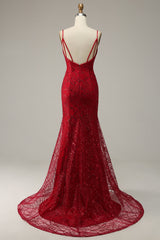 Bridesmaid Dress Under 123, Dark Red Spaghetti Straps Mermaid Prom Dress with Slit