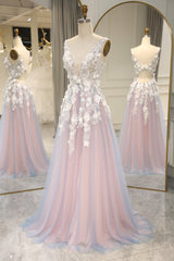 Prom Dresses Princess, Romantic A-Line V-Neck Keyhole Back Long Tulle Prom Dress with Appliques