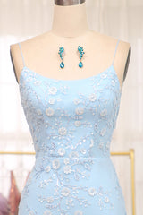 Formal Dresses Long Elegant, Blue Mermaid Spaghetti Straps Lace Up Long Prom Dress With Sequin