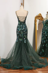 Prom Dresses Piece, Sparkly Dark Green Mermaid Spaghetti Straps Lace Up Prom Dress With Split