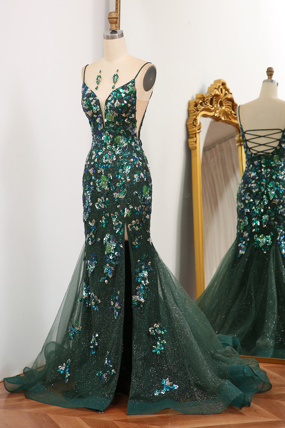 Prom Dress Pieces, Sparkly Dark Green Mermaid Spaghetti Straps Lace Up Prom Dress With Split