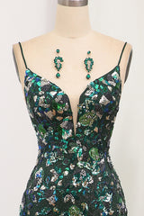 Prom Dress Piece, Sparkly Dark Green Mermaid Spaghetti Straps Lace Up Prom Dress With Split
