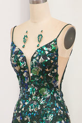 Prom Dress Long Elegent, Sparkly Dark Green Mermaid Long Prom Dress With Slit And Beading