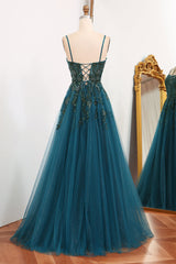 Red Formal Dress, Glitter Dark Green A-Line Tulle Long Appliqued Prom Dress With Slit