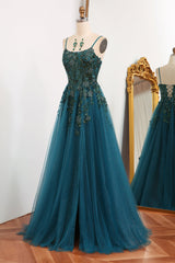 Vacation Dress, Glitter Dark Green A-Line Tulle Long Appliqued Prom Dress With Slit