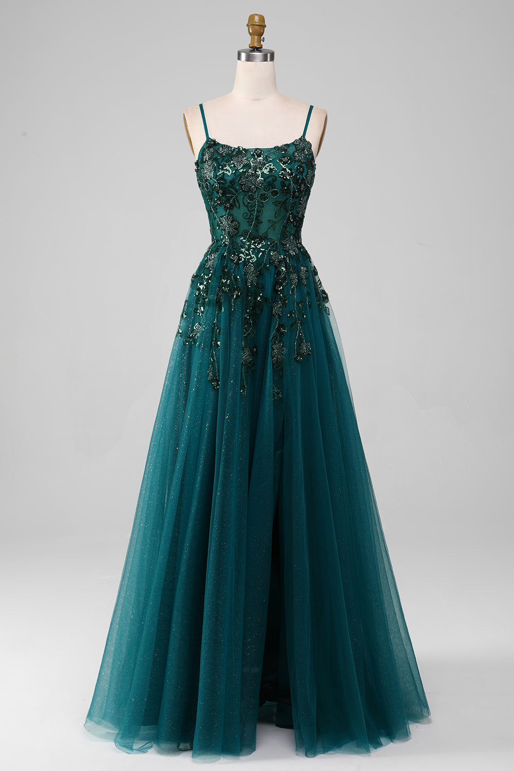 Prom Dresses Mermaid, Dark Green Spaghetti Straps A Line Prom Dress with Slit