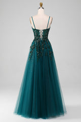 Prom Dresses V Neck, Dark Green Spaghetti Straps A Line Prom Dress with Slit