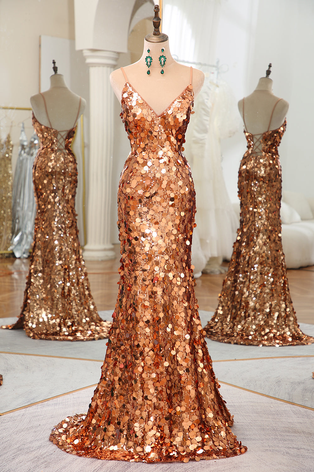 Prom Dresses 3 26 Sleeves, Sparkly Rose Golden Mermaid Spaghetti Straps Long Sequin Prom Dress With Split