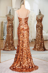 Prom Dresses For Warm Weather, Sparkly Rose Golden Mermaid Spaghetti Straps Long Sequin Prom Dress With Split