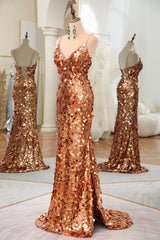 Prom Dresses 2035, Sparkly Rose Golden Mermaid Spaghetti Straps Long Sequin Prom Dress With Split