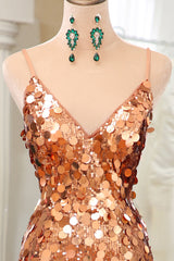 Prom Dresses For Blondes, Sparkly Rose Golden Mermaid Spaghetti Straps Long Sequin Prom Dress With Split