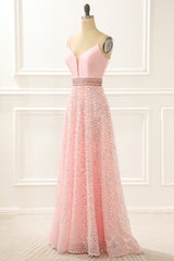 Bridesmaid Dress Long, Spaghetti Straps A Line Pink Prom Dress with Beading