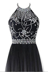Prom Dress Off Shoulder, Classy Black And White Halter Lace Up Long Beaded Prom Dress