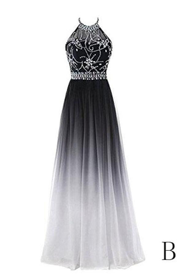 Prom Dress Floral, Classy Black And White Halter Lace Up Long Beaded Prom Dress