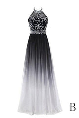Prom Dresses Off Shoulder, Classy Black And White Halter Lace Up Long Beaded Prom Dress
