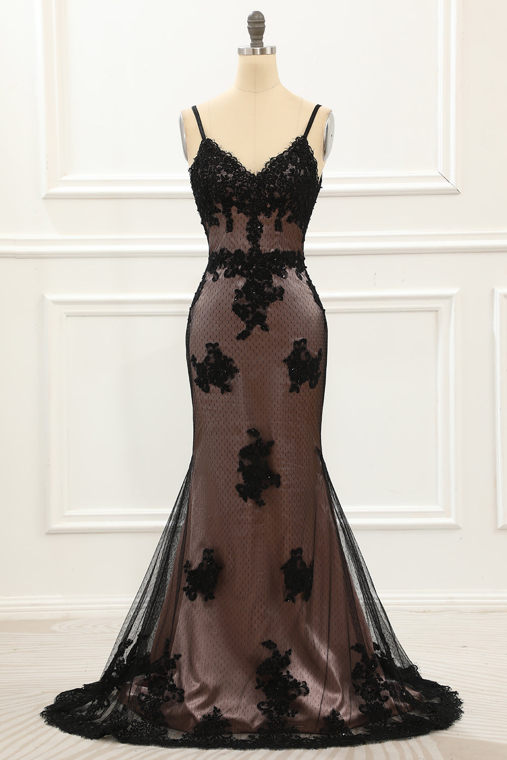 Prom Dress Tight Fitting, Spaghetti Straps Black Mermaid Prom Dress with Lace