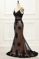 Prom Dresses 2027 Black, Spaghetti Straps Black Mermaid Prom Dress with Lace