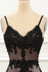 Prom Dresses For Chubby Girls, Spaghetti Straps Black Mermaid Prom Dress with Lace
