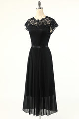 Prom Dress With Sleeve, Classic A Line Black Party Dress with Lace