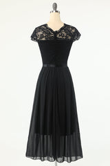 Prom Dress With Sleeves, Classic A Line Black Party Dress with Lace