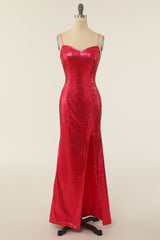 Prom Dresses Backless, Sheath Spaghetti Straps Fuchsia Sequins Party Dress