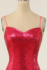 Prom Dress 2041, Sheath Spaghetti Straps Fuchsia Sequins Party Dress