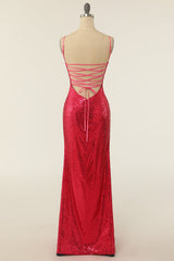 Prom Dress Backless, Sheath Spaghetti Straps Fuchsia Sequins Party Dress