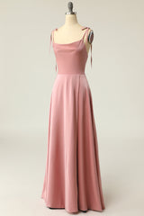 Pink Dress, Blush Spaghetti Straps Long Prom Dress with Bowknot