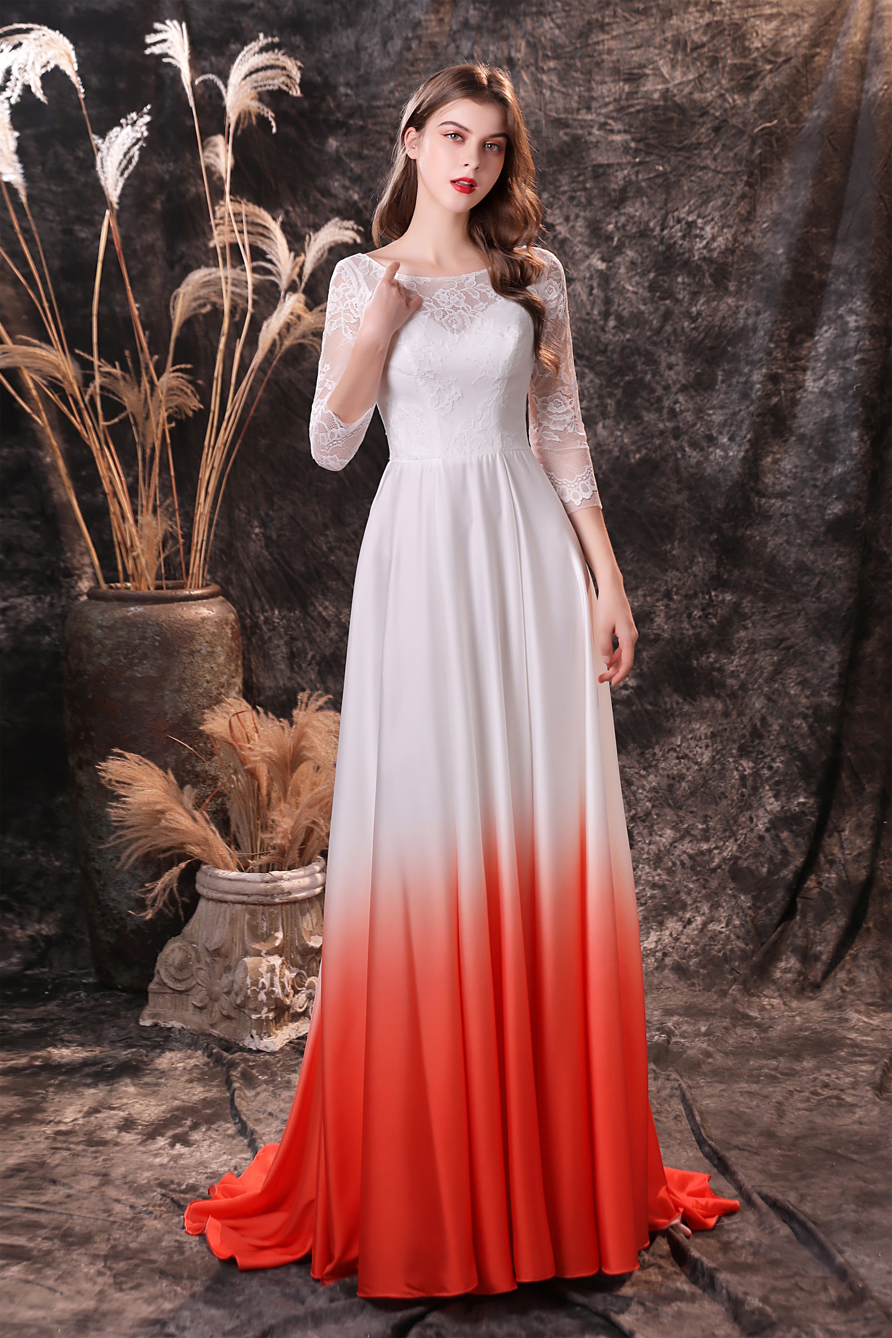 Bridesmaids Dresses Burgundy, A Line 3/4 Sleeve Ombre Silk Like Satin Sweep Train Prom Dresses