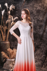 Bridesmaids Dress Burgundy, A Line 3/4 Sleeve Ombre Silk Like Satin Sweep Train Prom Dresses