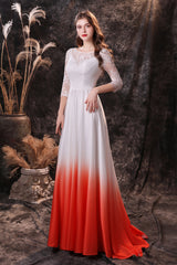 Bridesmaid Dress Burgundy, A Line 3/4 Sleeve Ombre Silk Like Satin Sweep Train Prom Dresses