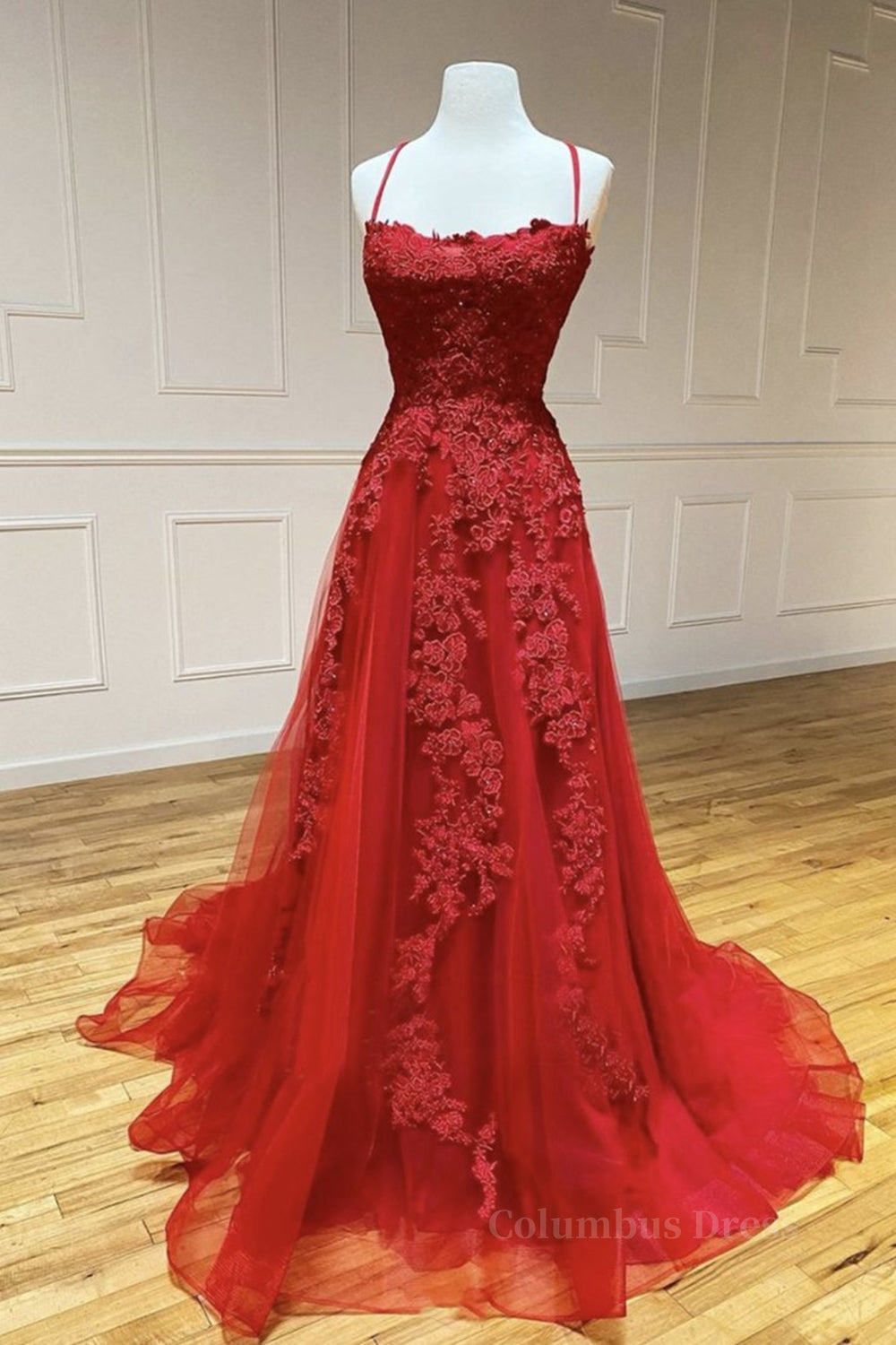 Evening Dresses Yde, A Line Backless Red Lace Long Prom Dress, Long Red Lace Formal Dress, Red Evening Dress