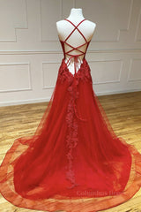 Evening Dress Yde, A Line Backless Red Lace Long Prom Dress, Long Red Lace Formal Dress, Red Evening Dress
