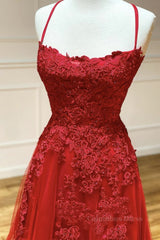 Evening Dress Shopping, A Line Backless Red Lace Long Prom Dress, Long Red Lace Formal Dress, Red Evening Dress