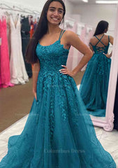 Bridesmaides Dresses Green, A-line Bateau Court Train Tulle Glitter Prom Dress With Appliqued Beading