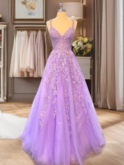 Bridesmaid Dresses Pink, A-line Bateau Long Sleeves Appliques Lace Floor-Length Tulle Dress