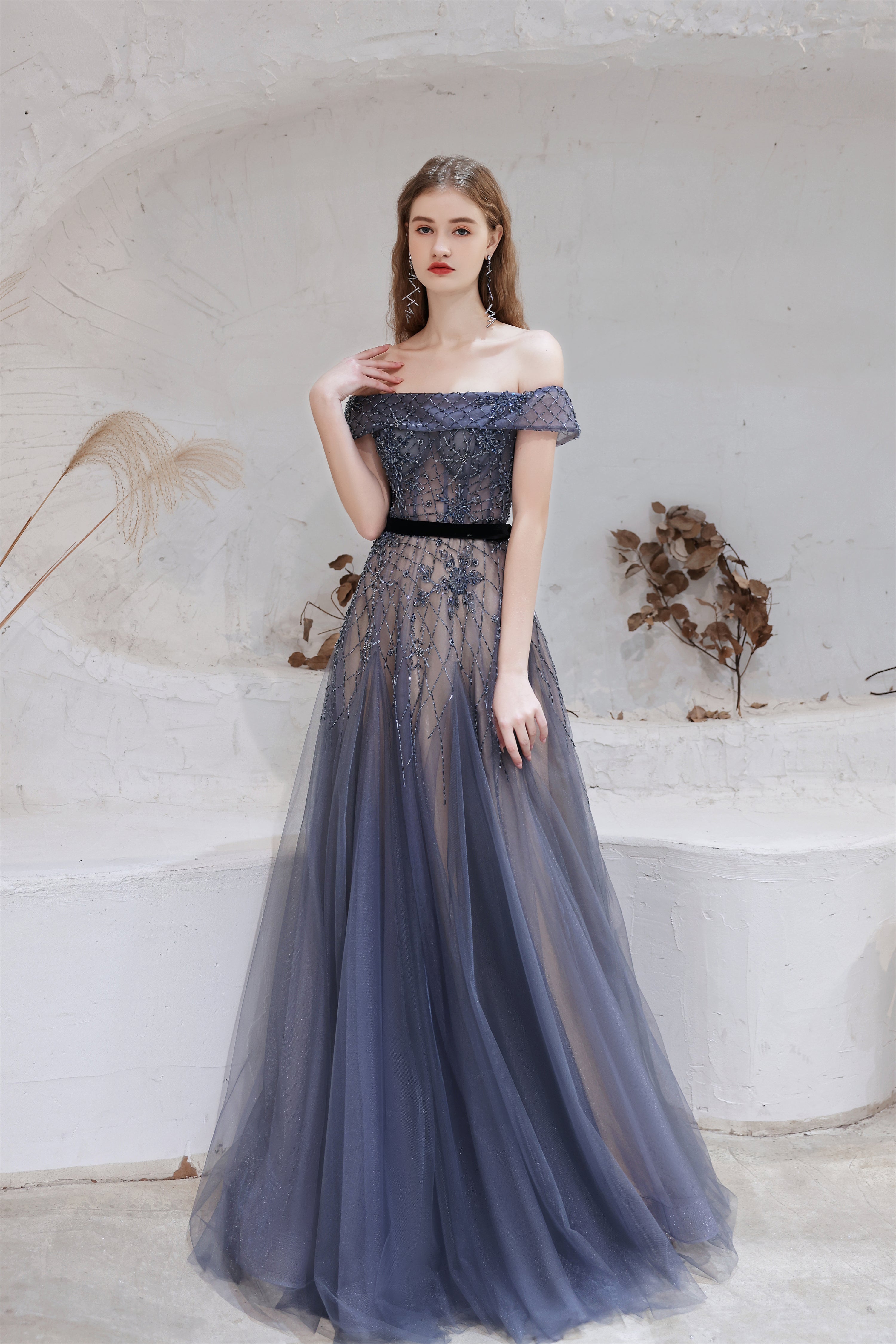 Evening Dress With Sleeves, A Line Bateau Neck Floor Length Short Sleeves Zipper Prom Dresses