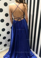 Prom Dress Idea, A-line Bateau Spaghetti Straps Sweep Train Charmeuse Prom Dress With Split