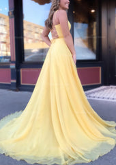 Party Dresses 2050, A-line Bateau Spaghetti Straps Sweep Train Chiffon Prom Dress