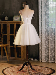 Elegant Dress, A-Line Beige Tulle Short Prom Dress, Beige Cute Homecoming Dress