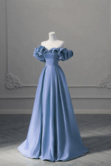 Bridesmaids Dress Styles Long, A-line Blue Satin Off Shoulder Long Evening Dress, Long Formal Dress Party Dress