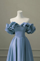 Bridesmaid Dress Styles Long, A-line Blue Satin Off Shoulder Long Evening Dress, Long Formal Dress Party Dress