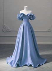 Bridesmaid Dresses Styles Long, A-line Blue Satin Off Shoulder Long Evening Dress, Long Formal Dress Party Dress