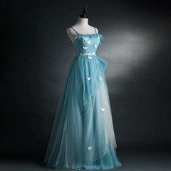 Bridesmaid Dress Idea, A-line Blue Tulle Straps Long Formal Dress, Blue Long Evening Dress Prom Dress