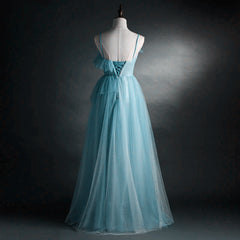 Bridesmaids Dresses Ideas, A-line Blue Tulle Straps Long Formal Dress, Blue Long Evening Dress Prom Dress